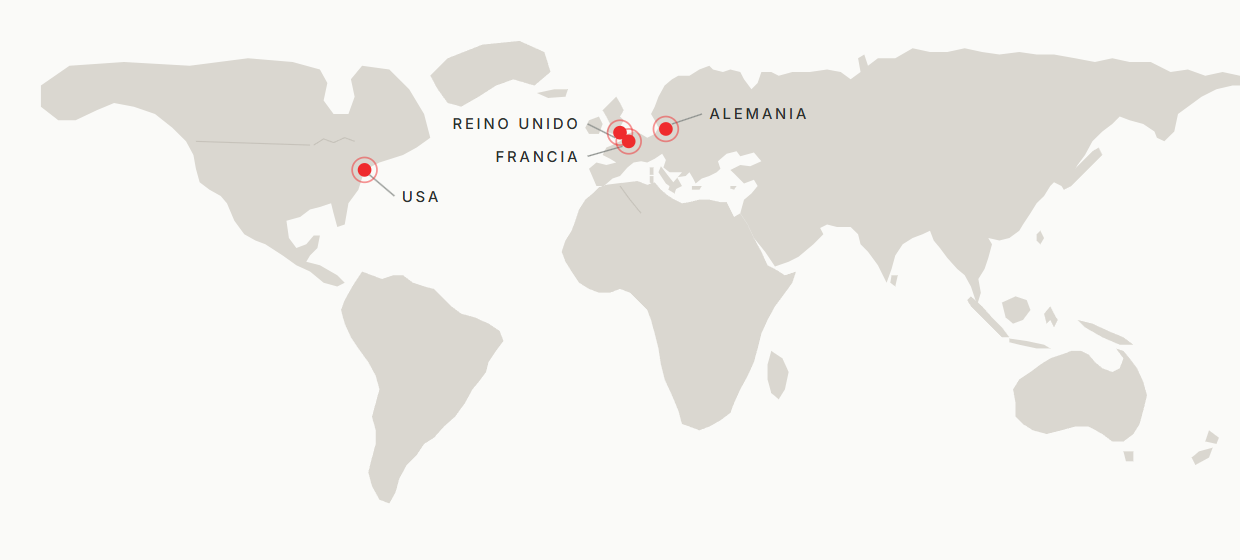 Mapamundi con la red internacional de partners de CROMATILES: USA, Reino Unido, Francia y Alemania